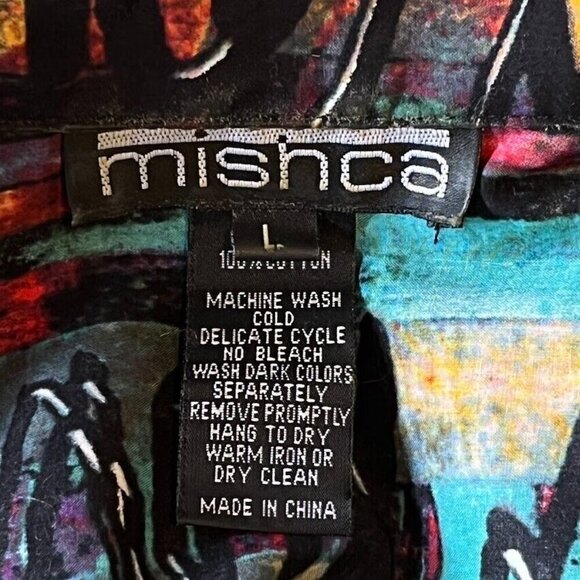 Mishca Front Tie Multi Colored Blouse 3/4 Length Sleeves Abstract Dark Artsy - Picture 3 of 3